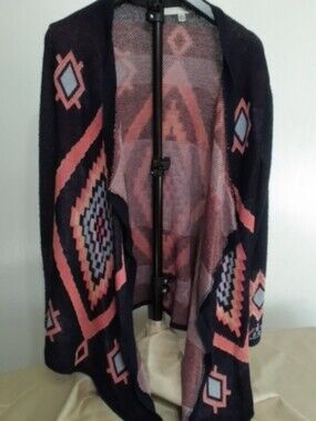 Say What? Navy Cardigan Sweater with Pink Aztec Motif